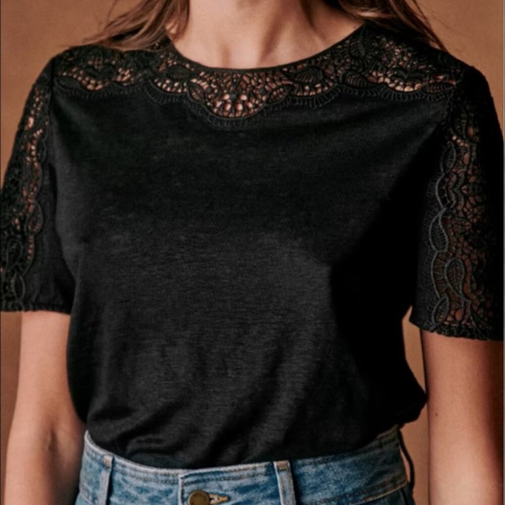 Sezane Lorena 100% Linen Black Top Size XL Lace Embroidery Short Sleeve Blouse